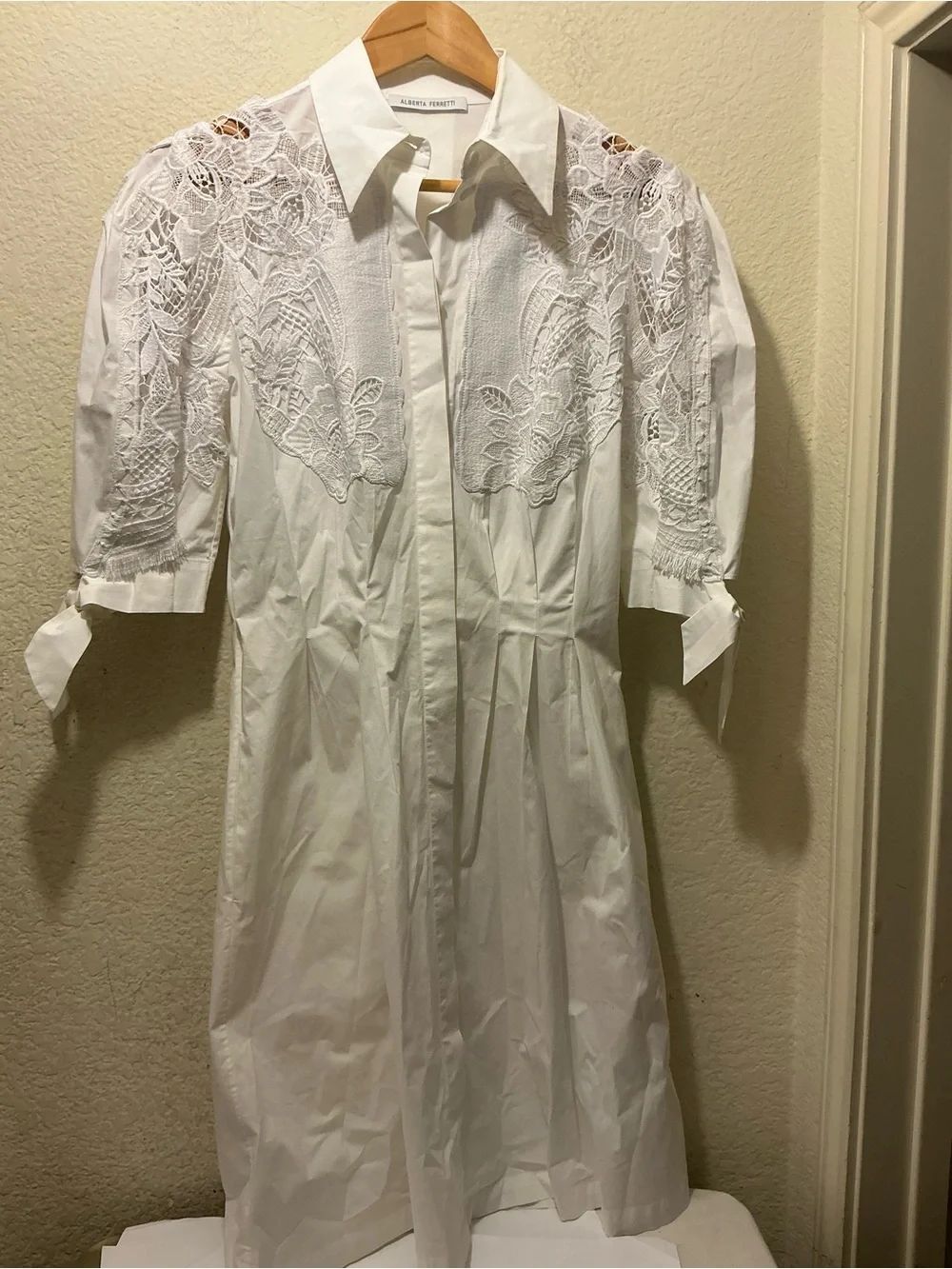 Alberta Ferretti White Lace-Yoke Midi Shirt Dress size 4